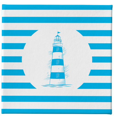 Blue and white stripped rigid box with a light house logo