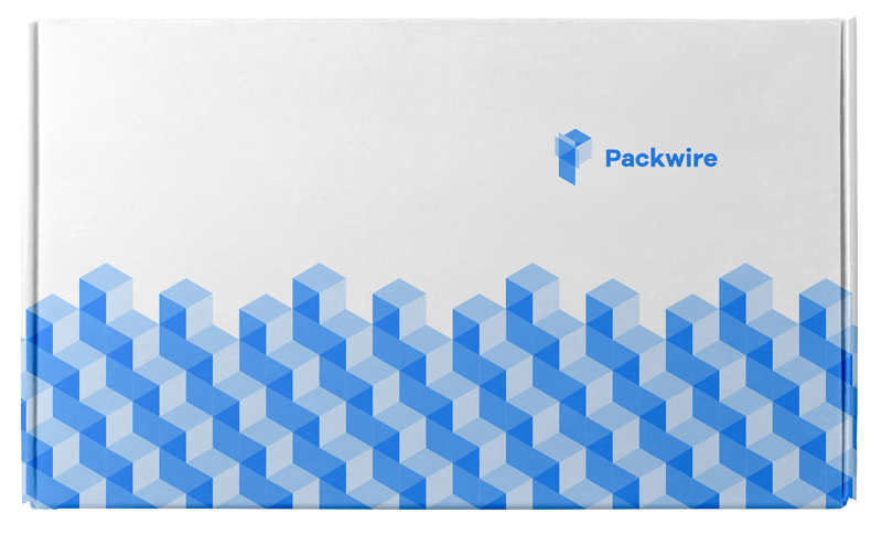 White and blue custom mailer box with Packwire branding
