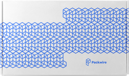 Blue and white custom branded box with Packwire Logo